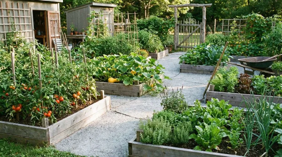 Vegetable garden with crushed concrete pathways