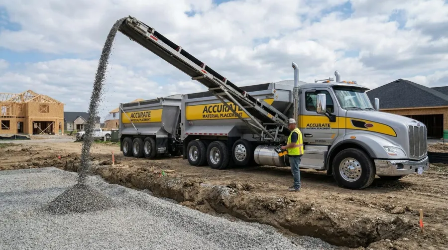 Gravel delivery truck with conveyor belt system for precise placement