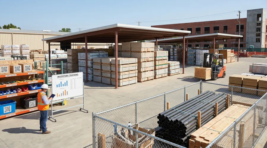 Construction site with organized material storage and inventory management