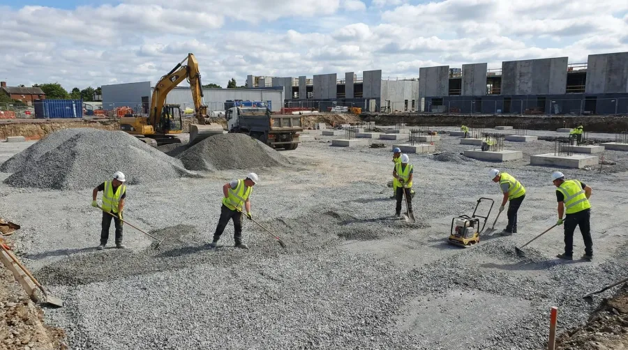 Construction site with gravel fill foundation work