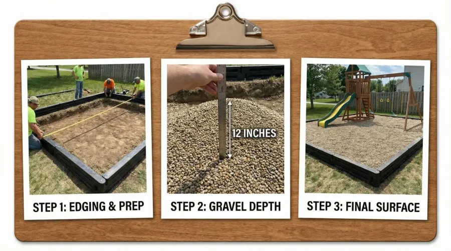 Installation process showing proper pea gravel depth and edging