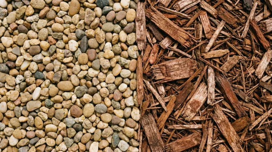 Close-up comparison of pea gravel vs wood mulch texture