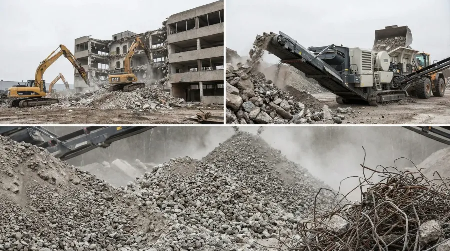 Before and after concrete demolition to crushed aggregate