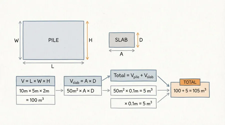 Diagram showing crushed concrete calculation formulas and measurements