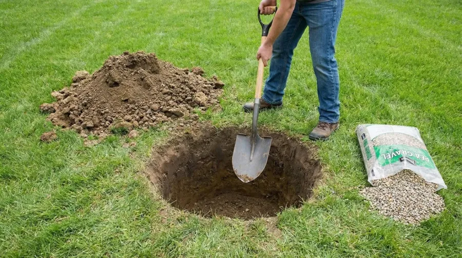 Step-by-step visual guide showing flagpole installation process with gravel placement