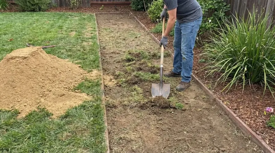 Step by step installation process showing preparation, spreading, and compacting of decomposed granite