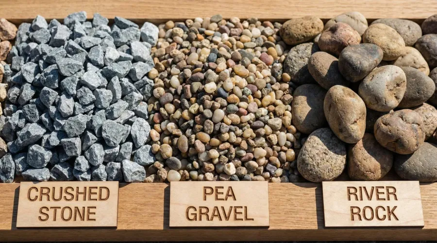 Close-up comparison showing crushed stone, pea gravel, and river rock side by side with labels
