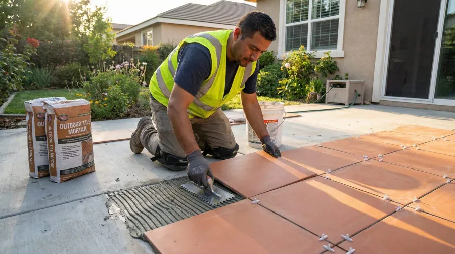 Tile installation process on leveled aggregate concrete