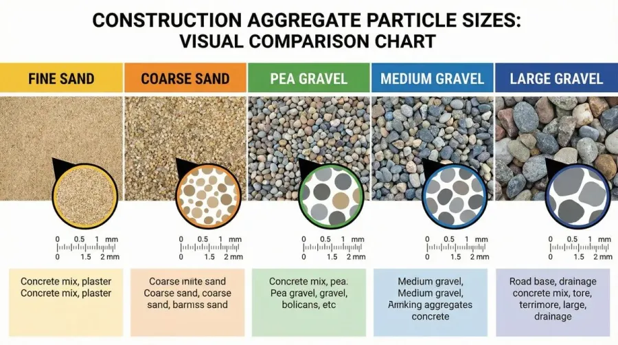 Aggregate sizes chart showing construction materials with different particle sizes