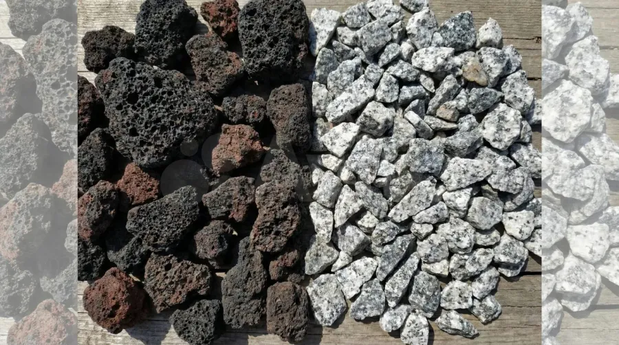 Close-up comparison of lava rock and crushed stone textures side by side