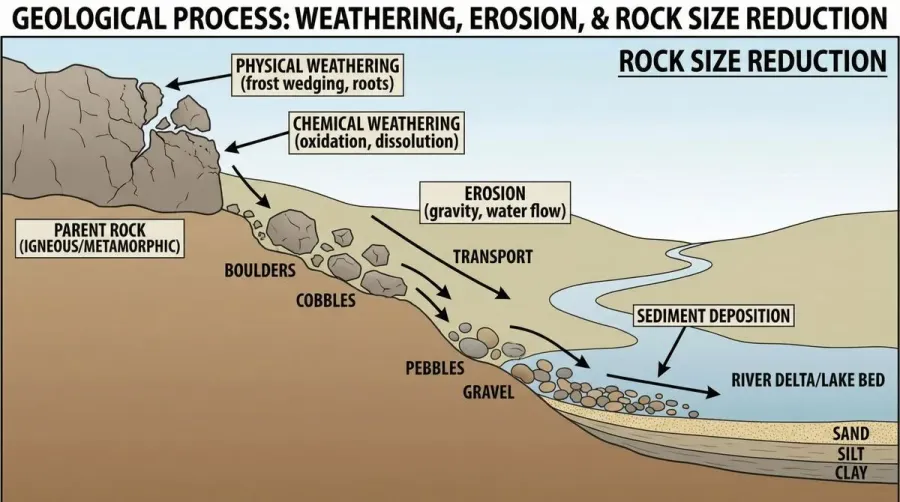 Geological formation diagram showing weathering, erosion, and rock size reduction process