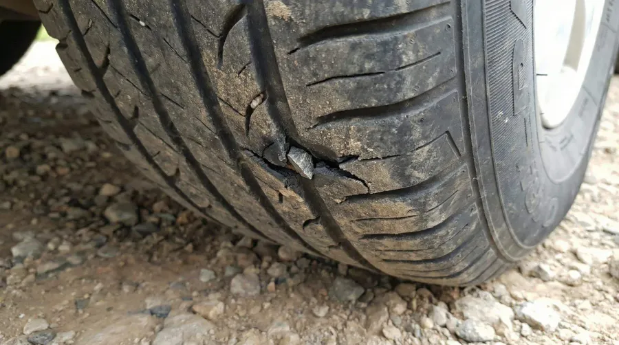 Close Up Of Tire Damage From Sharp Rocks