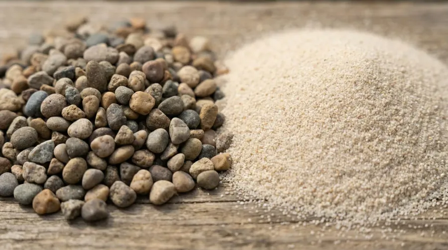 Close-up texture comparison showing pea gravel stones next to fine sand particles