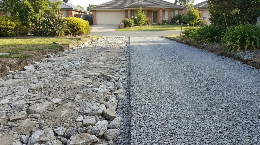 Driveway comparison showing crushed concrete base versus crushed rock surface