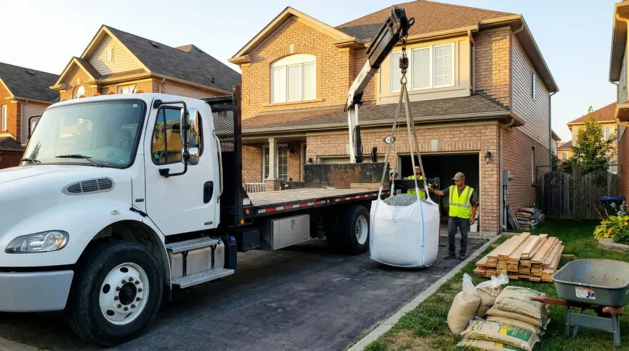 Delivery truck delivering bulk bag of gravel to residential property