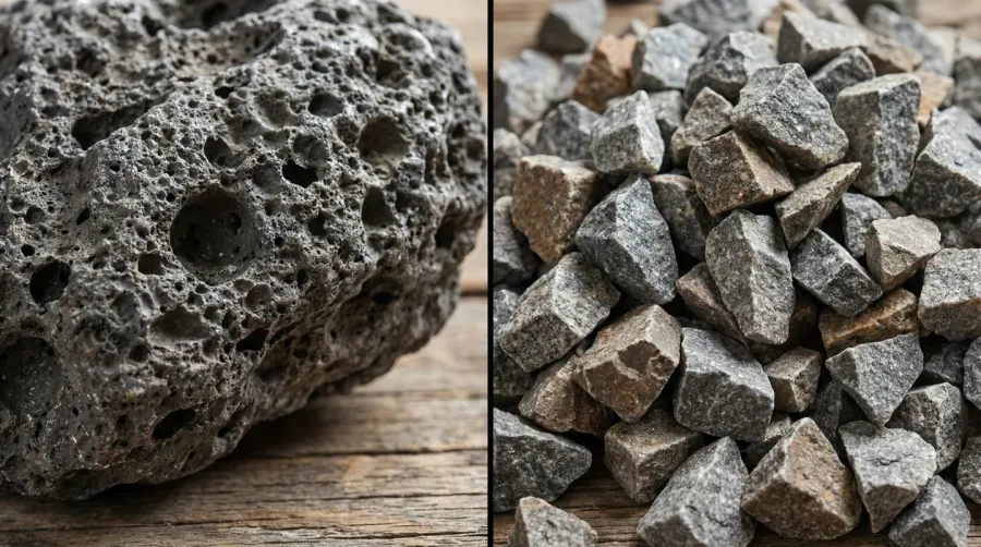 close-up comparison showing porous lava rock texture versus angular crushed stone