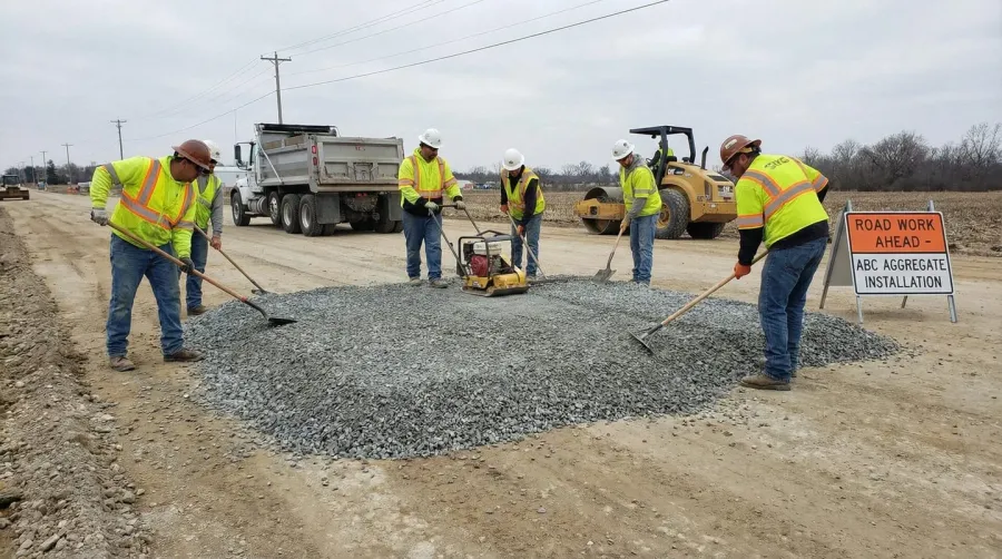 Construction workers laying ABC aggregate base course on road project