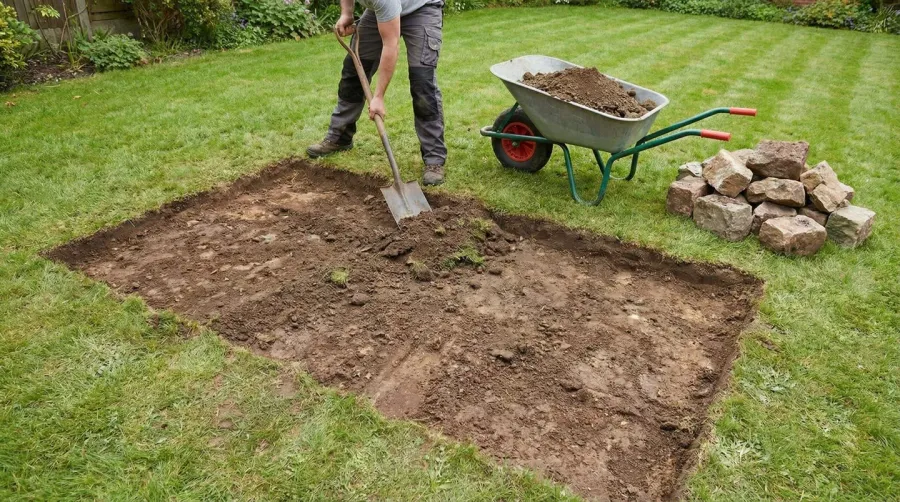 Step-by-step installation process showing garden bed preparation and crushed rock application