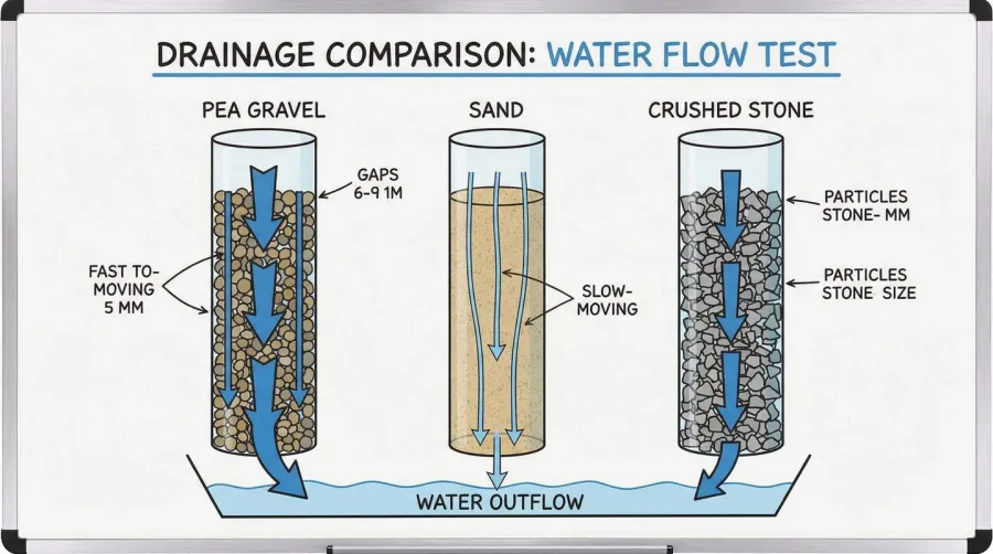 Comparison of drainage materials showing water flow through different gravels