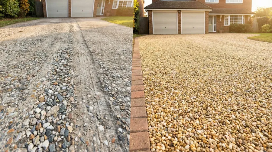 Side by side driveway comparison crushed concrete vs decorative gravel