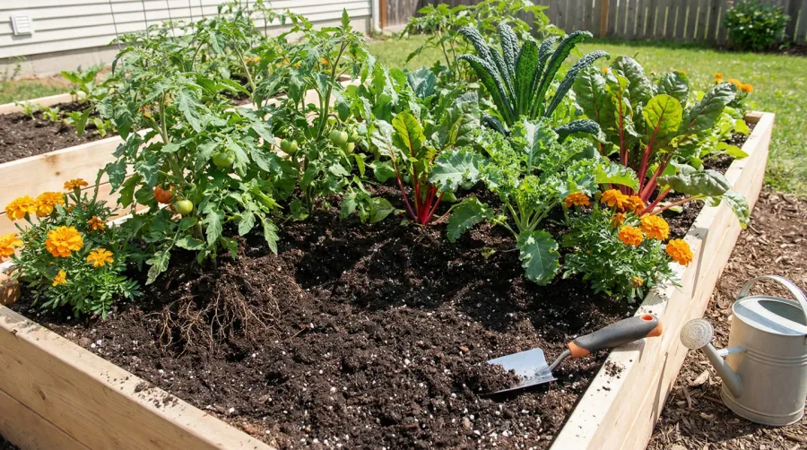 Garden bed with muck soil mixed with other amendments showing healthy plants