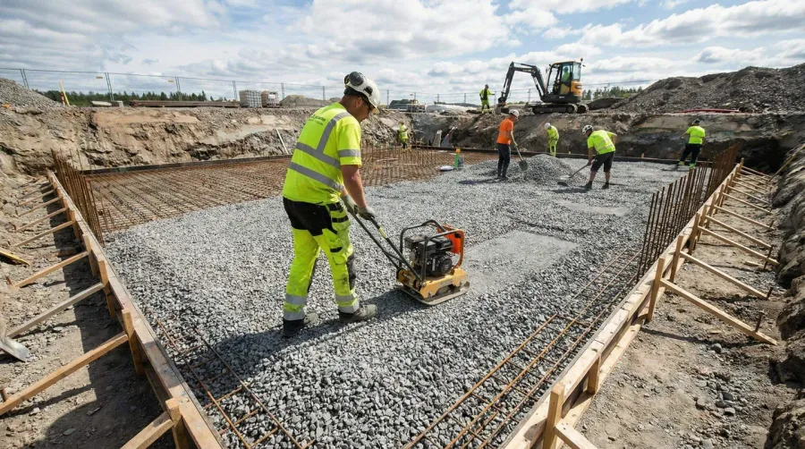 Construction worker installing crushed stone base layer under concrete slab foundation