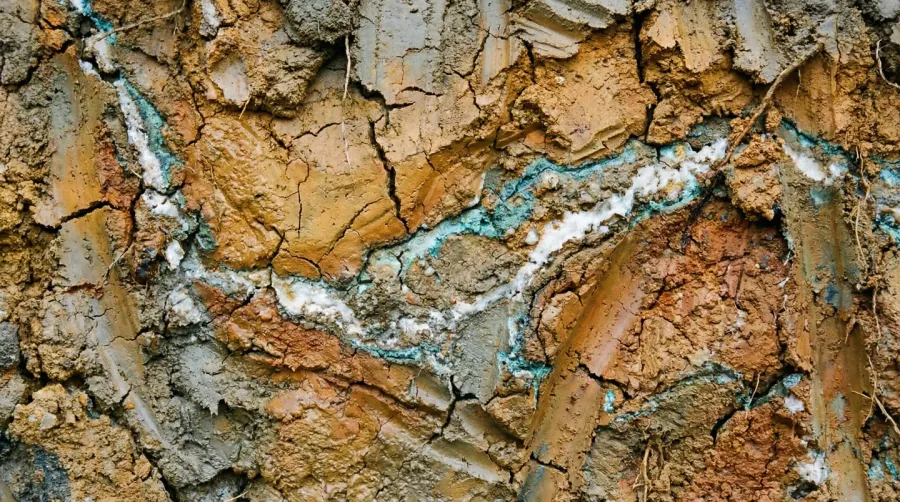 Close-up photo of subsoil showing clay texture and mineral deposits