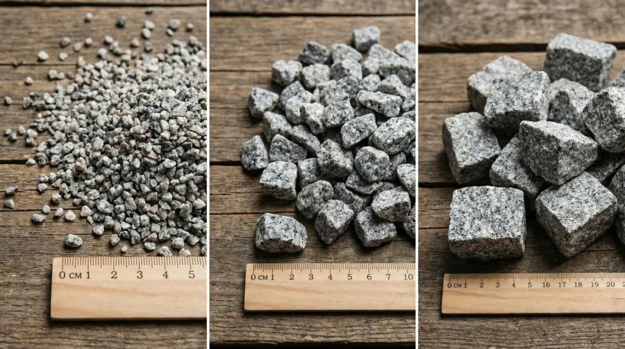 Close-up photos of small, medium, and large granite gravel with ruler