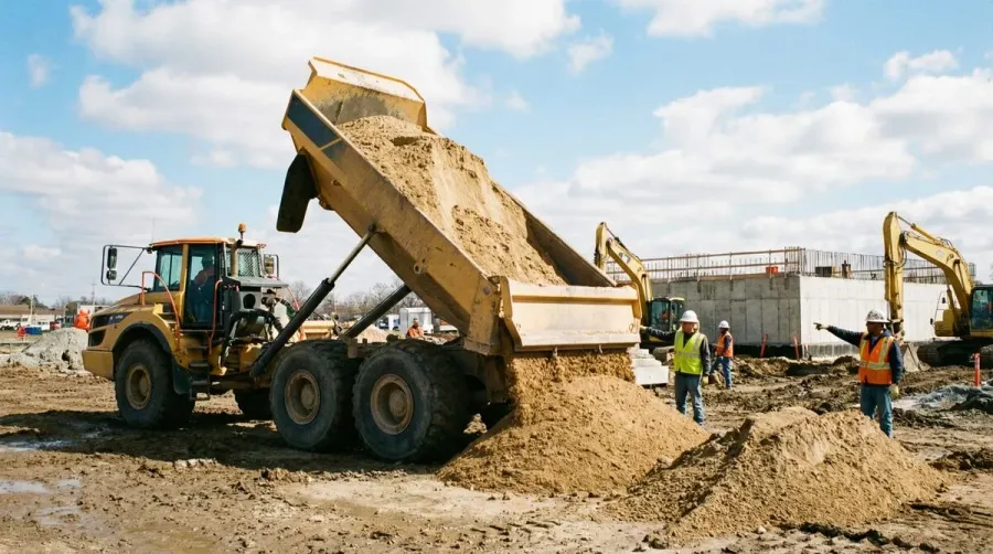 Sand delivery truck unloading at construction site