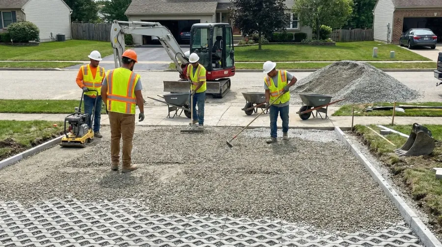 Professional workers installing gravel on a driveway showing quality construction work
