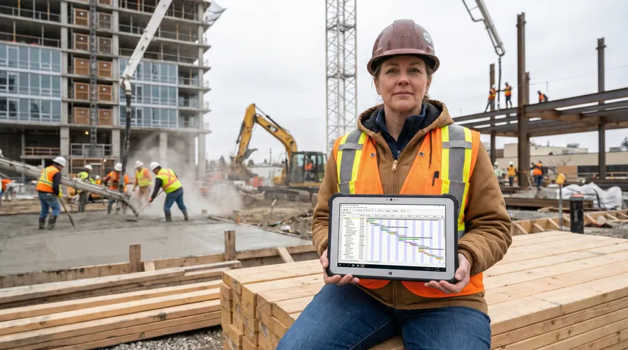 construction project manager reviewing digital schedule on tablet at busy jobsite with crews working in background