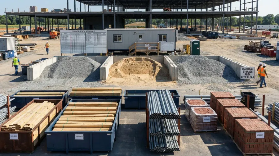Organized construction site showing proper material storage