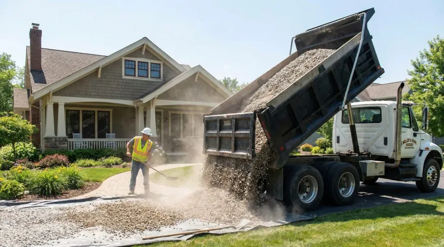 Dump truck delivering gravel to residential driveway