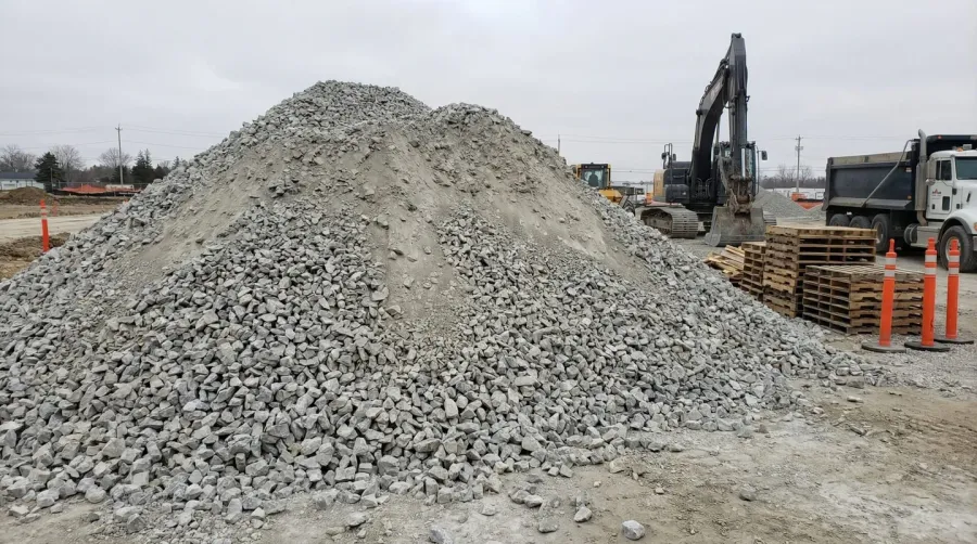 Pile of crushed limestone aggregate at construction site