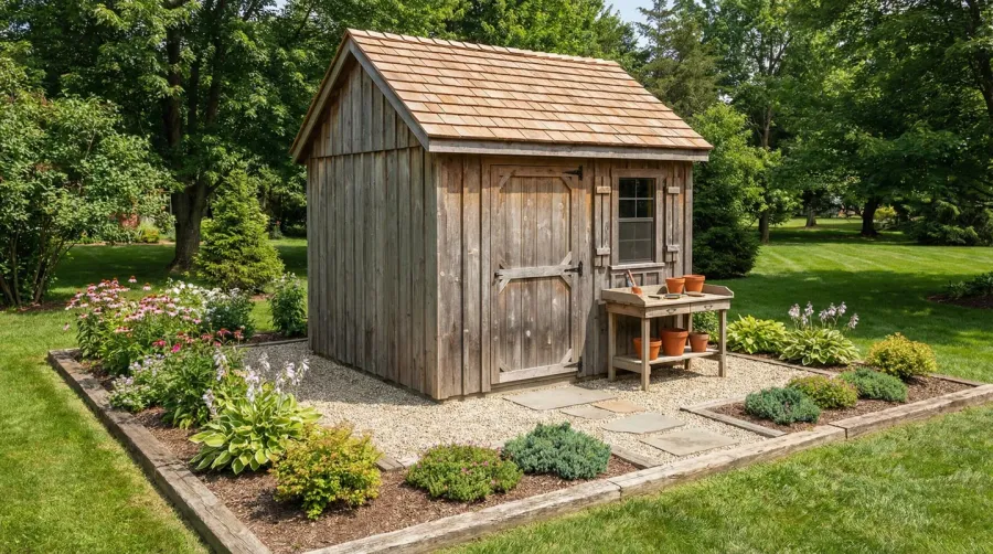 Pea gravel shed foundation with proper edging and landscaping