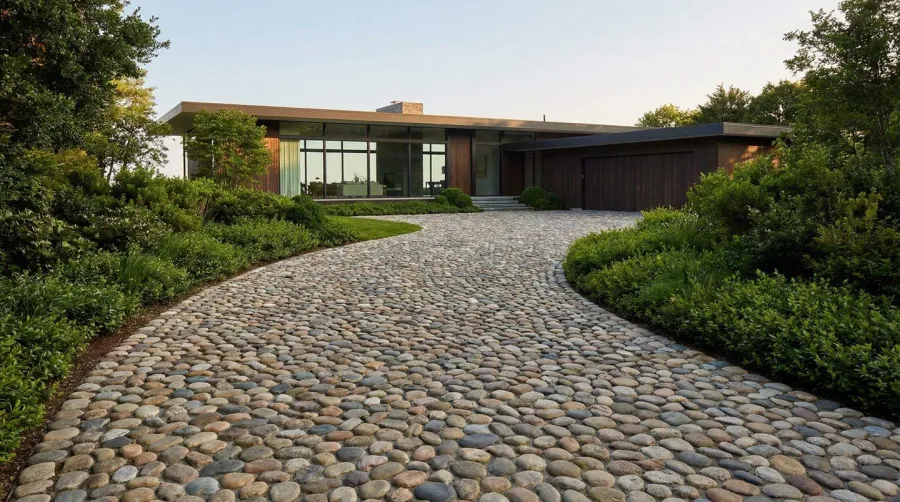 Beautiful river stone driveway with smooth rounded stones in natural colors leading to modern home