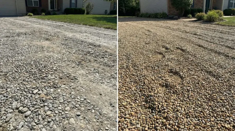 Side by side comparison of driveway using crushed concrete versus gravel