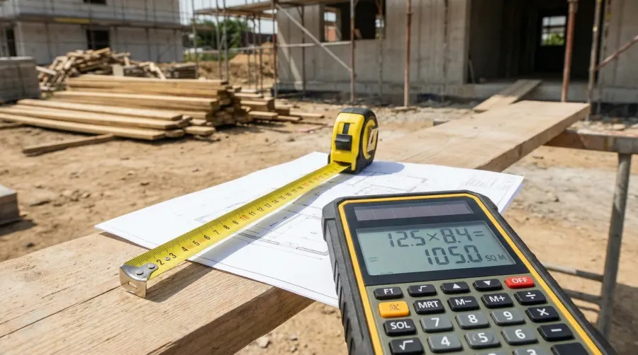 Measuring tape and calculator on construction site showing area calculation