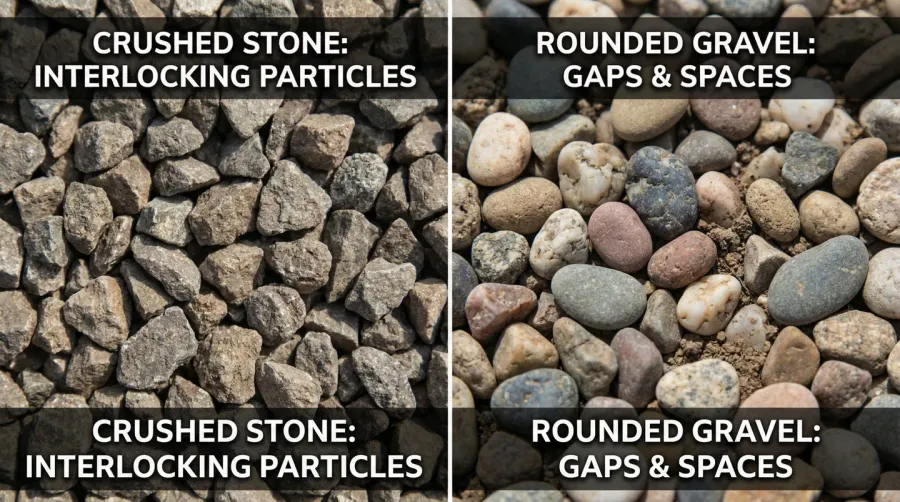Close-up comparison showing angular crushed stone particles interlocking versus rounded gravel stones with gaps