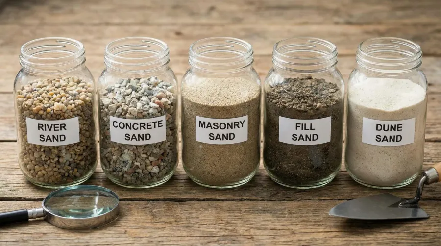 Different types of construction sand samples in containers showing texture differences