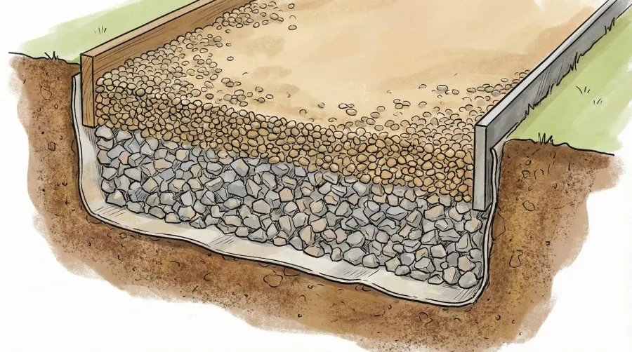 Cross-section diagram showing proper pea gravel installation with base layer