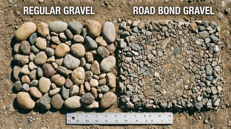 Close-up comparison of regular gravel versus road bond gravel texture