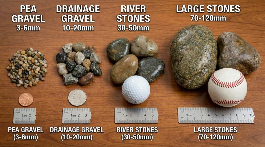 Close-up comparison showing different gravel sizes from pea gravel to large stones with measurement references