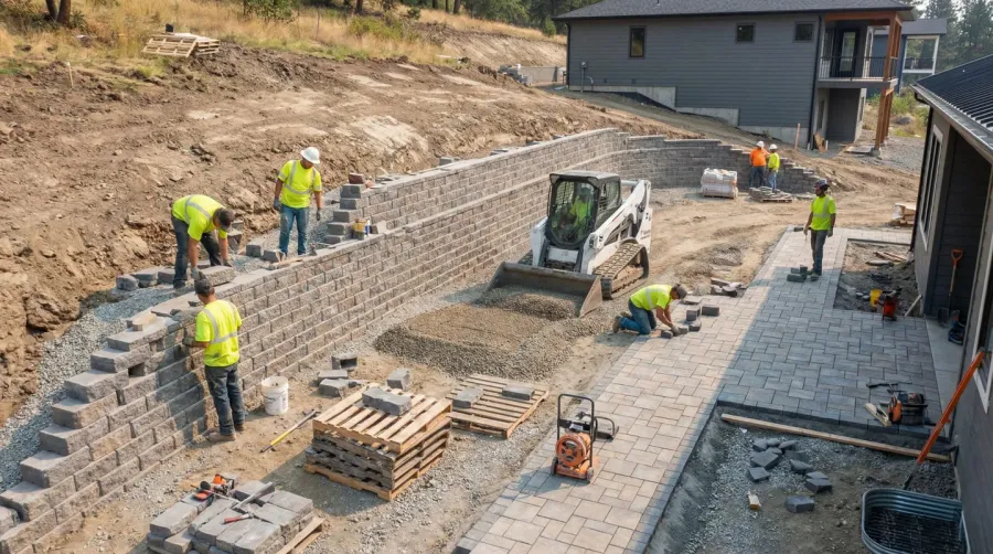 Construction crew installing retaining wall and hardscape elements