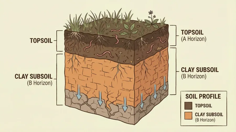 Cross-section diagram showing soil layers with clay subsoil highlighted as B horizon
