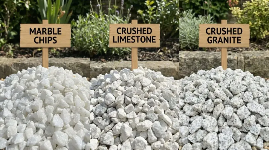 Comparison samples of different types of white gravel including marble, limestone and granite