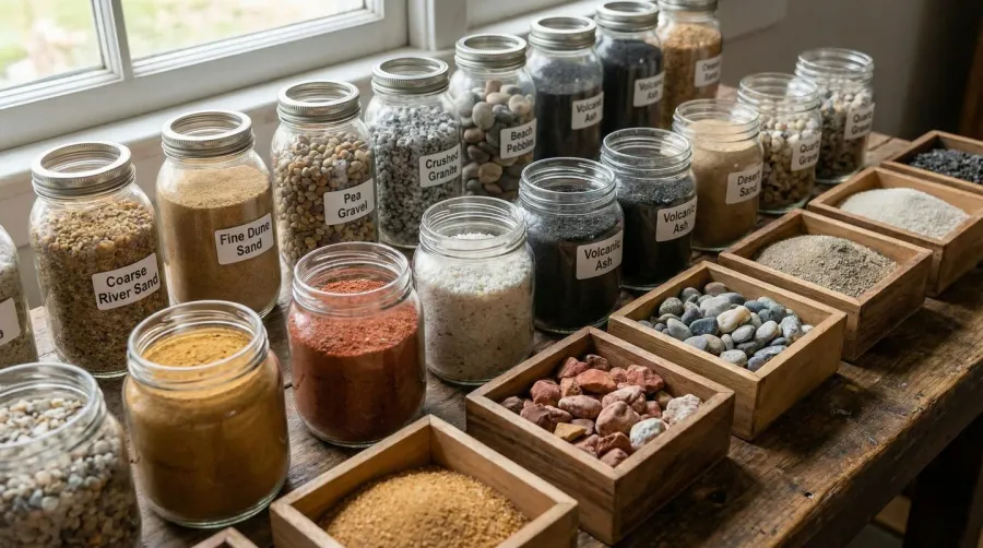 Different types of sand and gravel samples