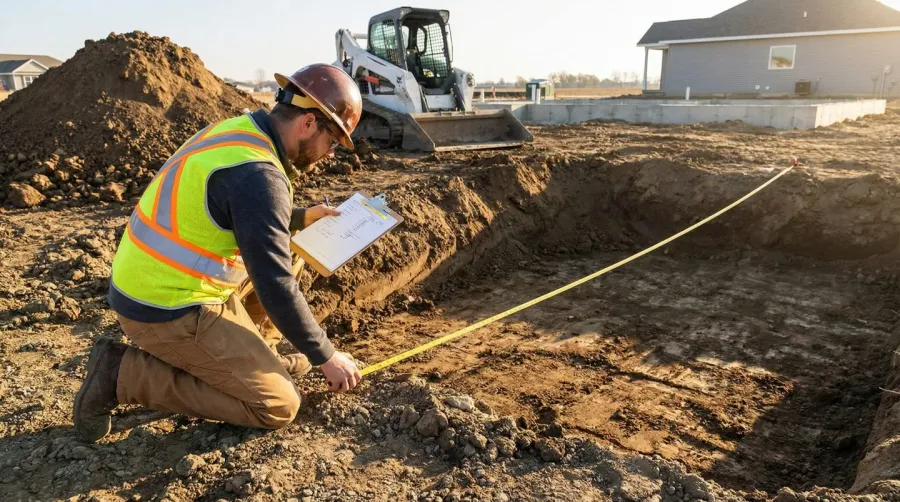Construction worker measuring area with tape measure for fill dirt calculation