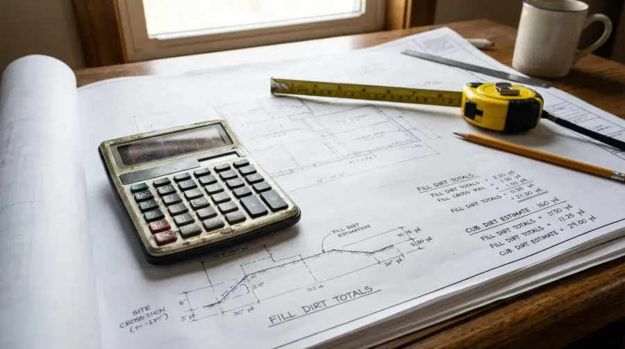 Calculator and measuring tape on construction plans showing fill dirt calculations