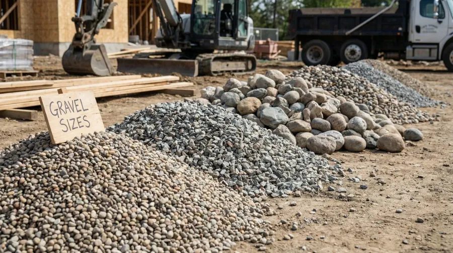 Various sizes of gravel stones displayed at a construction site